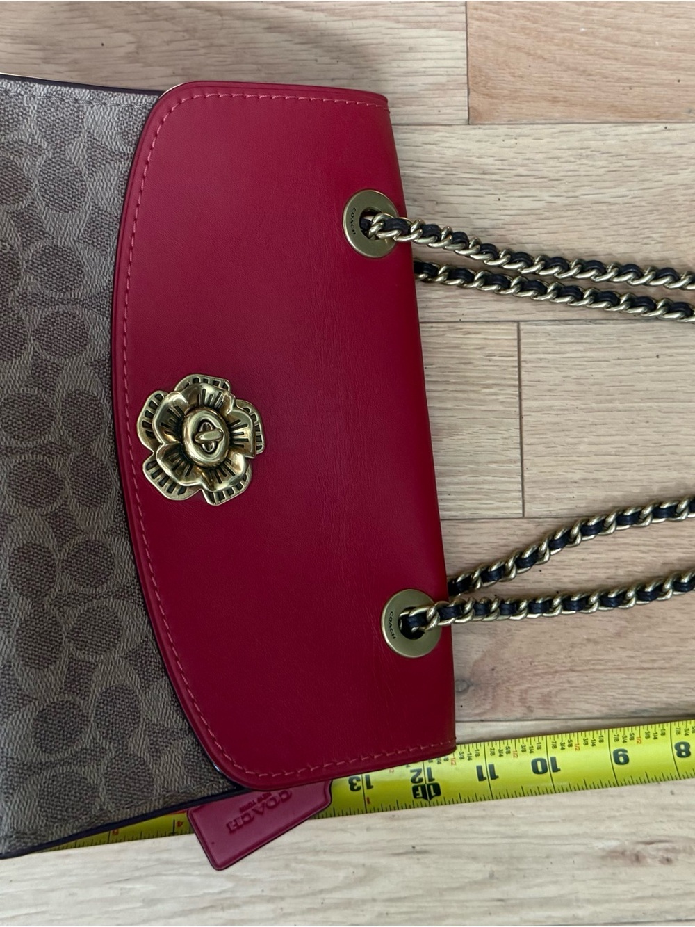 Coach Red Leather-Trim Signature Tote with Floral Turnlock